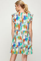 Short Sleeveless Brushed Print Ruffled Dress