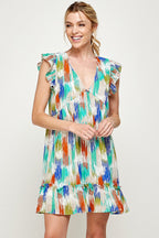 Short Sleeveless Brushed Print Ruffled Dress