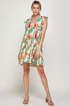 Short Sleeveless Brushed Print Ruffled Dress