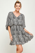 Short V Neck Printed Ruffled Dress