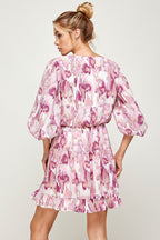 Short 3/4 Sleeve V Neck Printed Dress