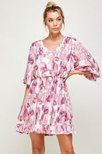 Short 3/4 Sleeve V Neck Printed Dress
