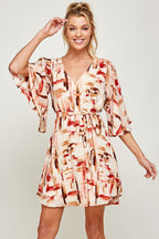 Short V Neck Brushed Print Belt Dress