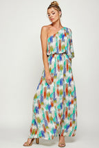 Long One Shoulder Brushed Print Maxi Dress