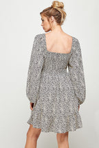 Long Sleeve Cheetah Print Smocked Short Dress
