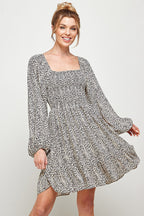 Long Sleeve Cheetah Print Smocked Short Dress