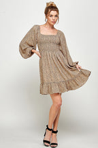 Long Sleeve Cheetah Print Smocked Short Dress