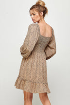 Long Sleeve Cheetah Print Smocked Short Dress