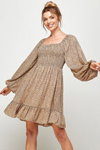 Long Sleeve Cheetah Print Smocked Short Dress